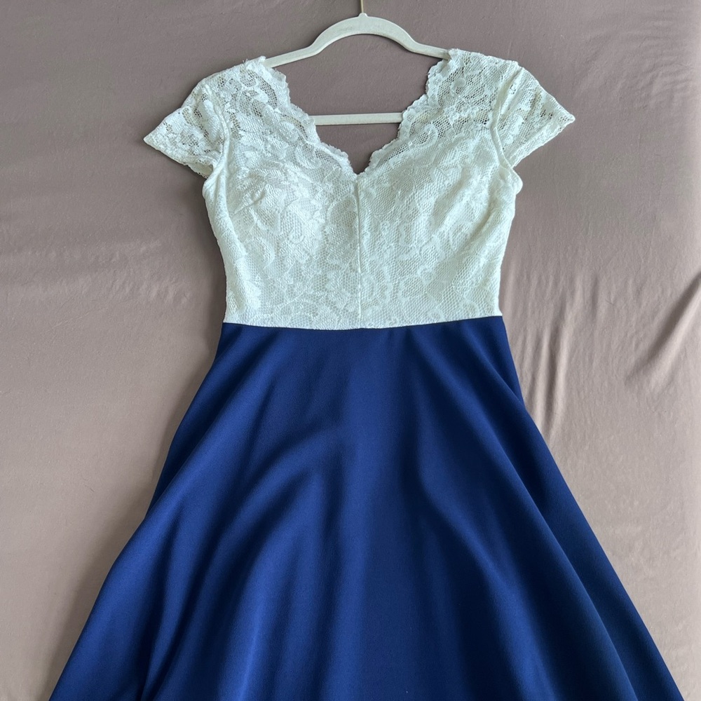 B Darlin White Lace and Navy Midi Dress